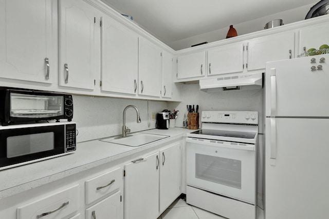 kitchen featuring white cabinetry, white appliances, sink, tasteful backsplash, and light tile flooring