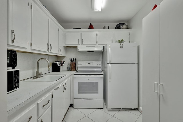 kitchen with white cabinetry, white appliances, exhaust hood, sink, and light tile floors