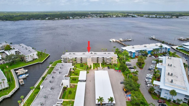 bird's eye view with a water view