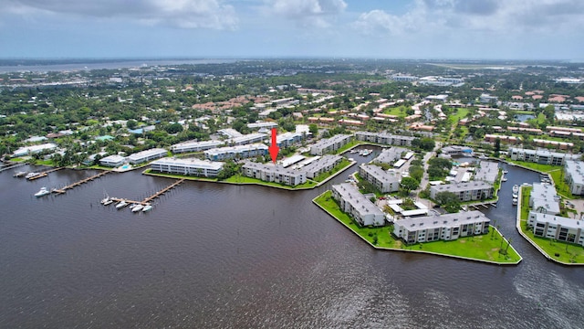 drone / aerial view featuring a water view