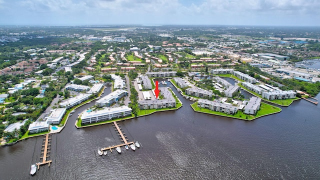 drone / aerial view featuring a water view