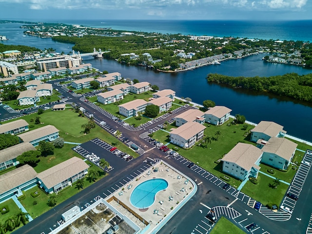 drone / aerial view with a water view