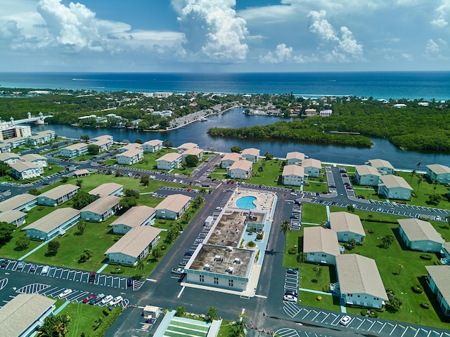 drone / aerial view featuring a water view