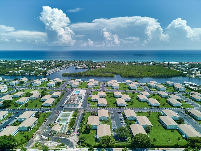 aerial view featuring a water view