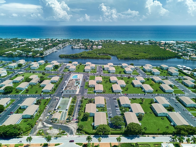 aerial view featuring a water view