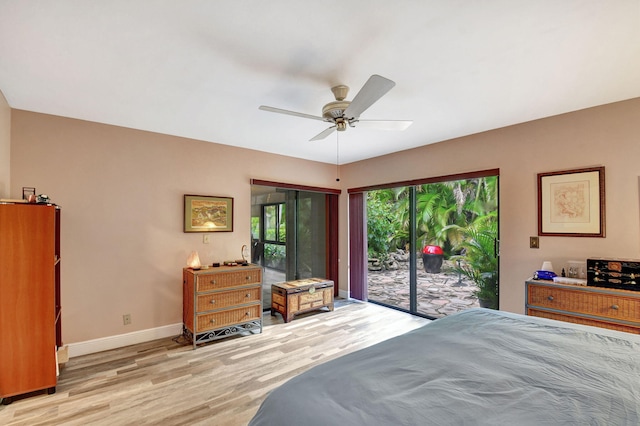 bedroom featuring access to outside, ceiling fan, and light hardwood / wood-style flooring