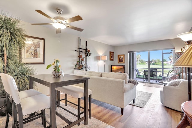 living room featuring ceiling fan and light hardwood / wood-style floors