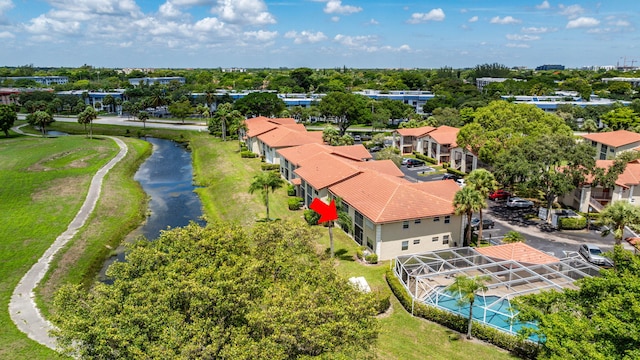 aerial view featuring a water view