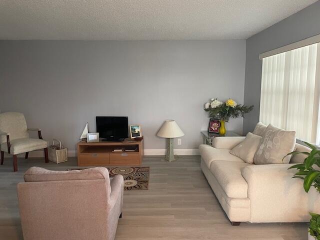 living room featuring a textured ceiling and light wood-type flooring