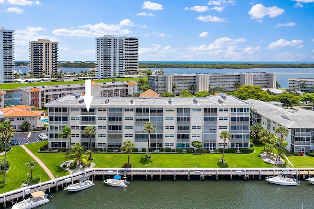 aerial view featuring a water view