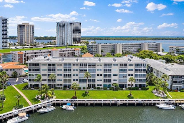 aerial view featuring a water view