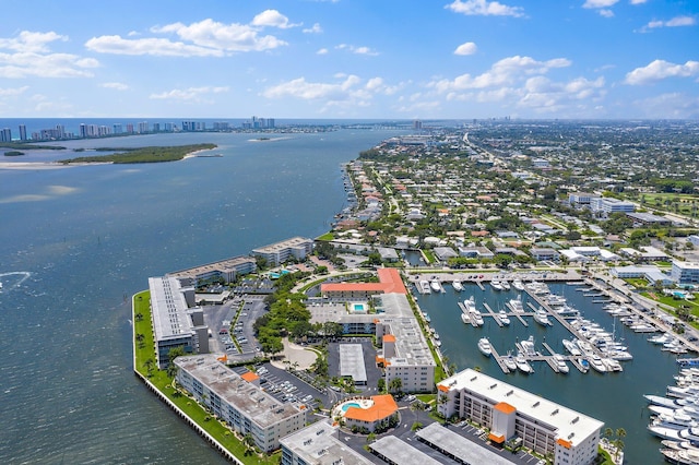 aerial view featuring a water view