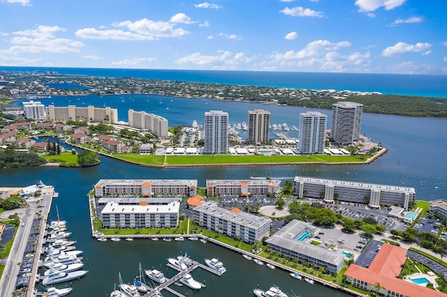 birds eye view of property featuring a water view