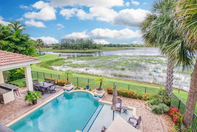 view of pool featuring a water view and a patio