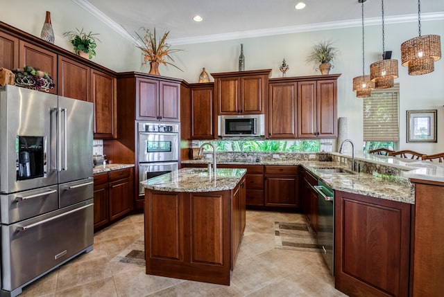 kitchen with pendant lighting, sink, ornamental molding, light stone counters, and stainless steel appliances