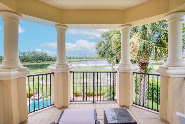 view of patio / terrace featuring a water view