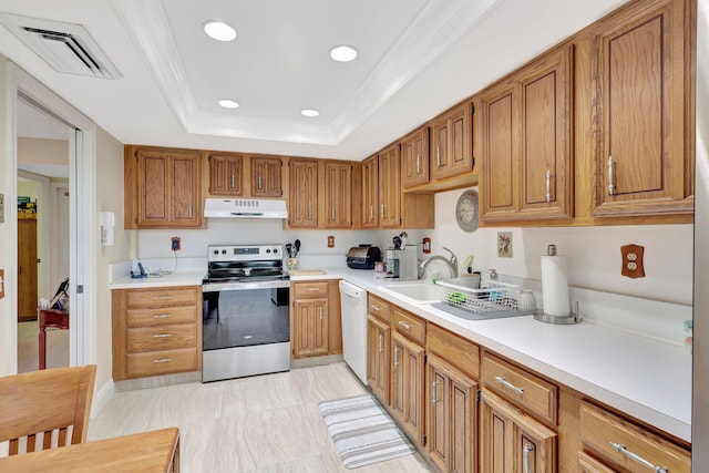 kitchen with sink, a raised ceiling, white dishwasher, electric range, and ornamental molding