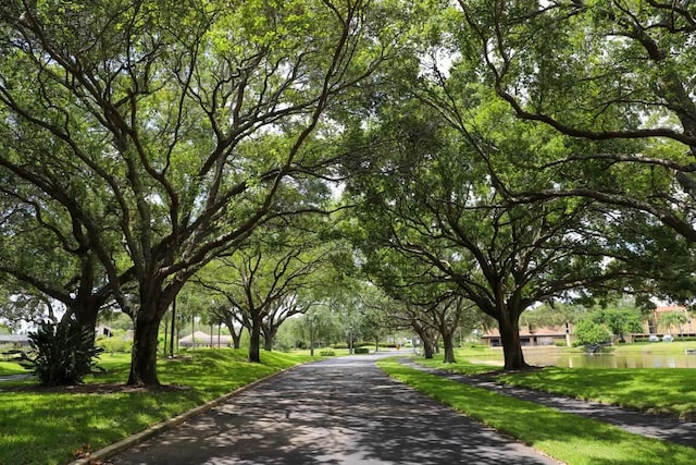 surrounding community with a lawn and a water view