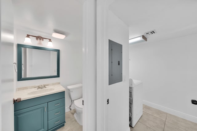 bathroom with electric panel, tile patterned flooring, vanity, and toilet