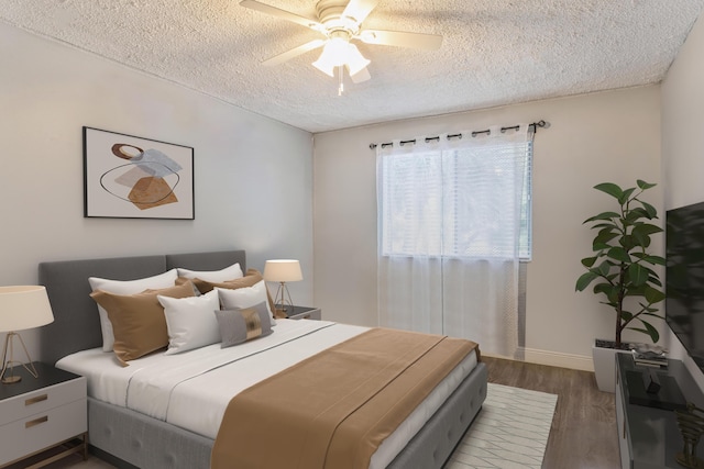 bedroom featuring a textured ceiling, ceiling fan, and dark wood-type flooring