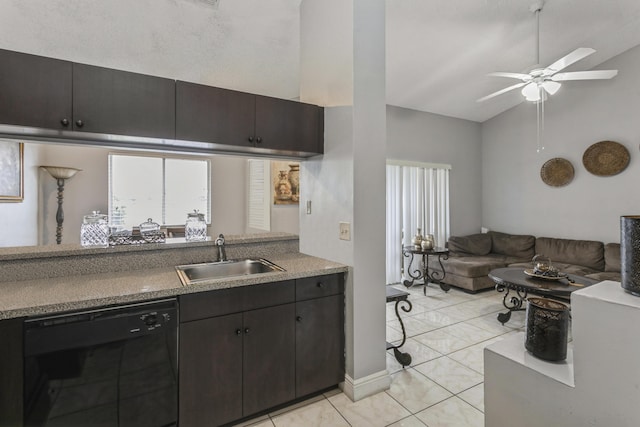 kitchen with ceiling fan, dishwasher, sink, lofted ceiling, and dark brown cabinets