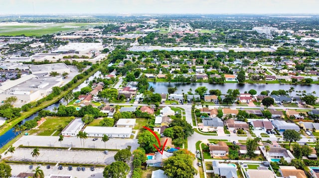 aerial view featuring a water view