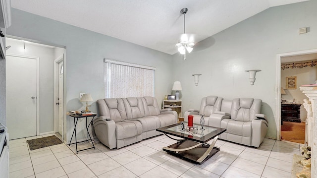 living room with lofted ceiling, light tile patterned flooring, a textured ceiling, and ceiling fan