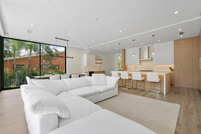 living room featuring sink, light wood-type flooring, and expansive windows