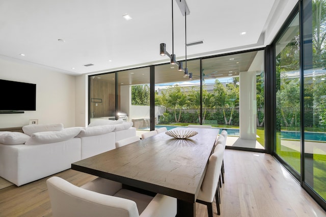 dining space featuring light hardwood / wood-style floors and expansive windows