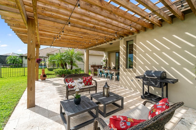 view of patio with fence, outdoor dining area, a pergola, grilling area, and outdoor lounge area