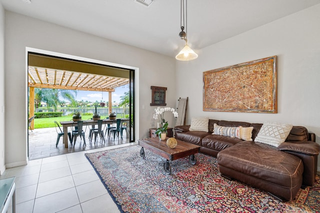 living area featuring light tile patterned floors