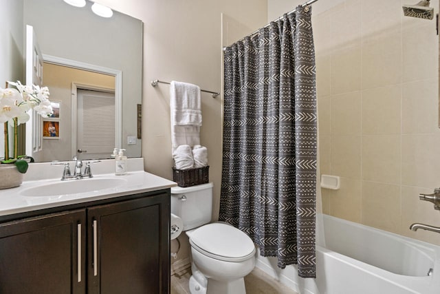 bathroom featuring vanity, shower / bath combination with curtain, and toilet