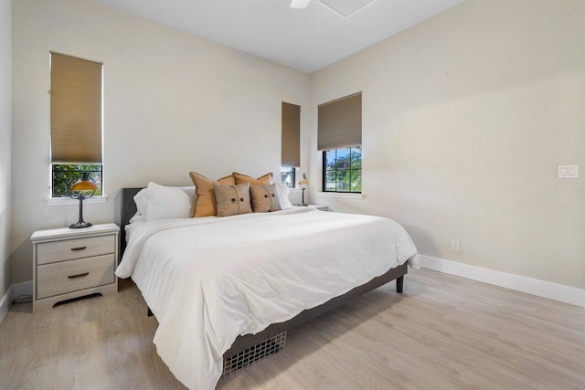 bedroom featuring light wood-style flooring and baseboards