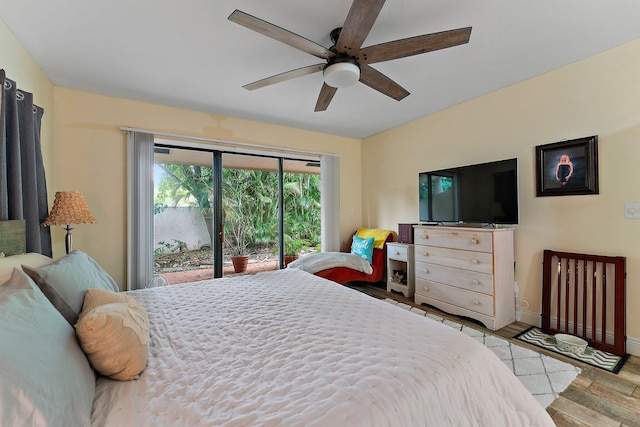 bedroom with access to exterior, ceiling fan, and light wood-type flooring