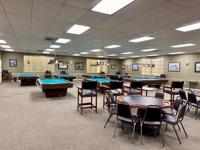 recreation room featuring carpet floors, a paneled ceiling, and pool table