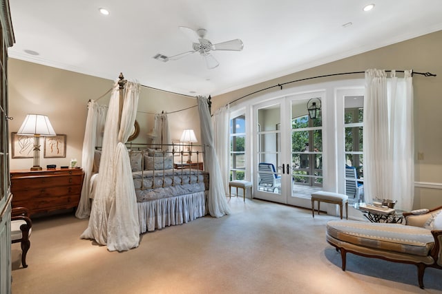 bedroom featuring french doors, ceiling fan, access to exterior, and crown molding