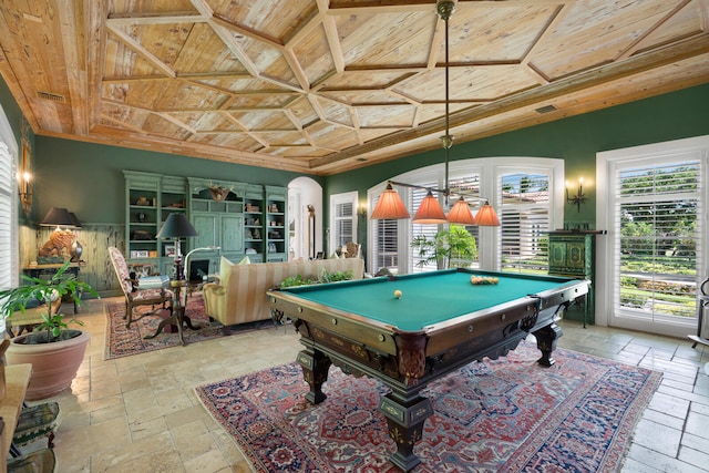 playroom with tile flooring, coffered ceiling, wood ceiling, and pool table