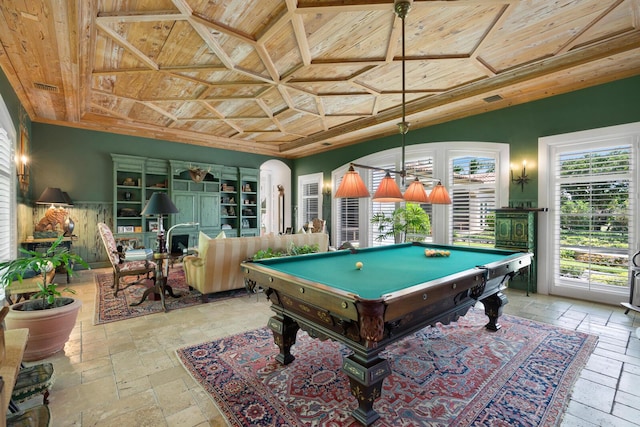 playroom with stone tile flooring, visible vents, pool table, and wood ceiling