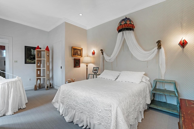 bedroom with wallpapered walls, crown molding, baseboards, and carpet floors