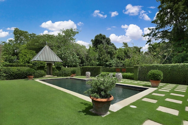 view of swimming pool featuring a fenced in pool, a yard, and fence