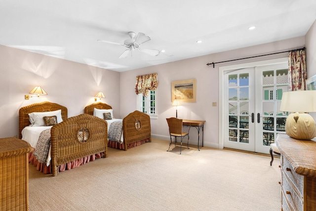 carpeted bedroom with a ceiling fan, baseboards, recessed lighting, access to exterior, and french doors