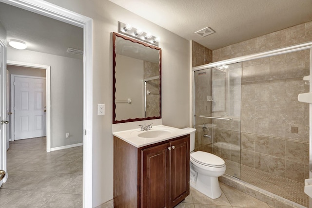 bathroom featuring tile patterned flooring, a shower stall, vanity, and visible vents