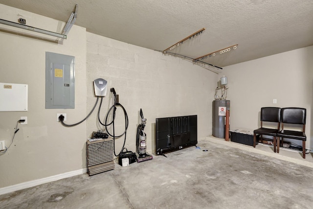 garage with concrete block wall, electric panel, baseboards, and water heater