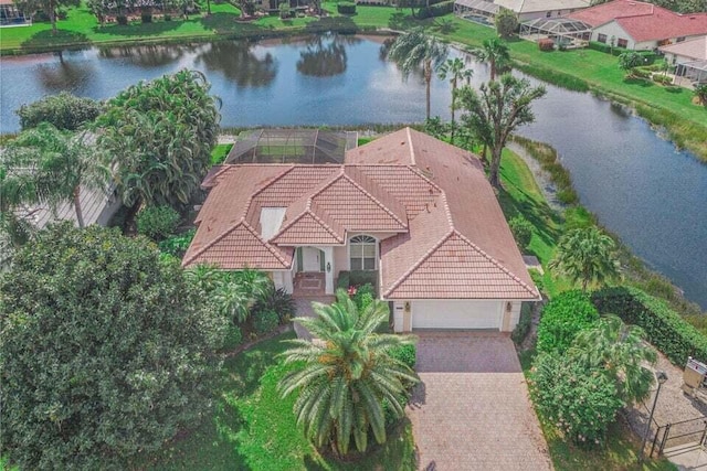 drone / aerial view featuring a water view