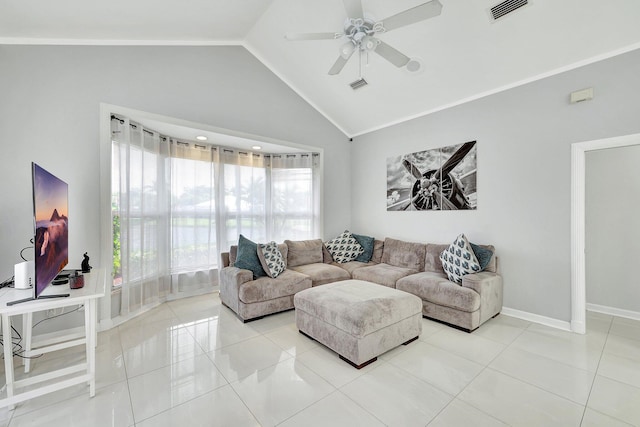 living room featuring light tile patterned flooring, ceiling fan, and high vaulted ceiling