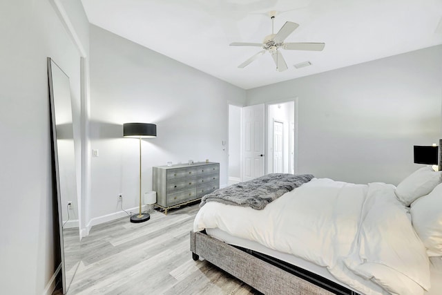 bedroom featuring light hardwood / wood-style flooring and ceiling fan