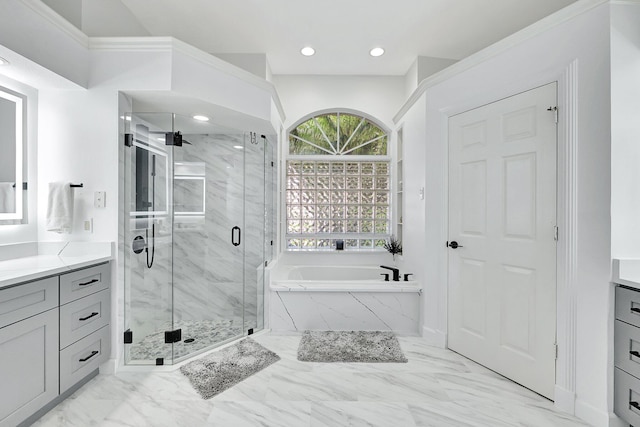 bathroom featuring vanity, separate shower and tub, and tile patterned flooring