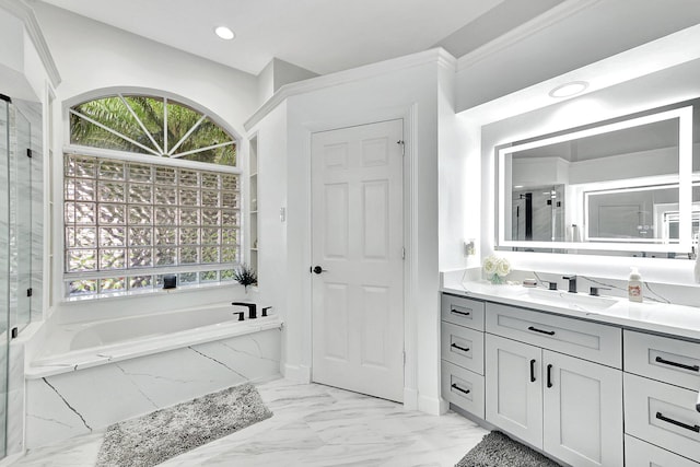 bathroom featuring vanity, separate shower and tub, and tile patterned flooring