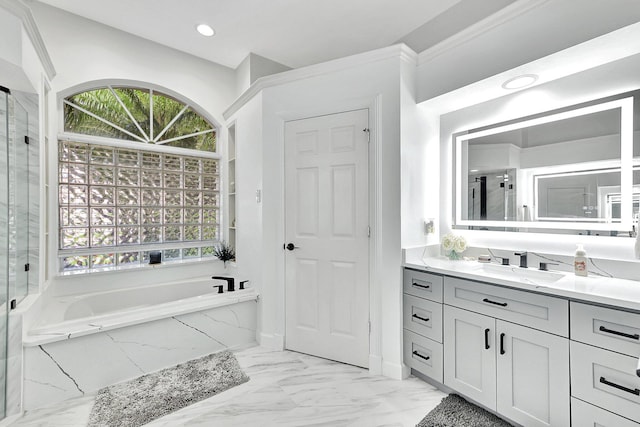 bathroom with vanity and plus walk in shower