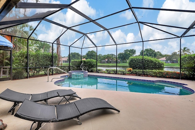 view of swimming pool with glass enclosure, a patio area, and a pool with connected hot tub